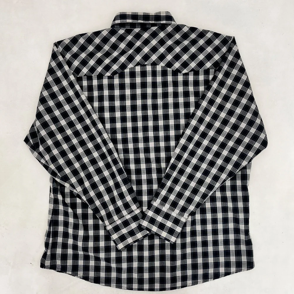 Wrancher By Wrangler Mens XL‎ Button Up Western Shirt Black Plaid Pearl Snap